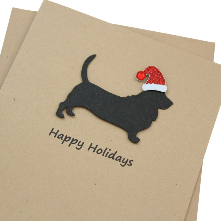 Basset Hound Christmas Card | Single or Pack of 10 | 25 Dog Colors | Choose Phrases | Santa Hat