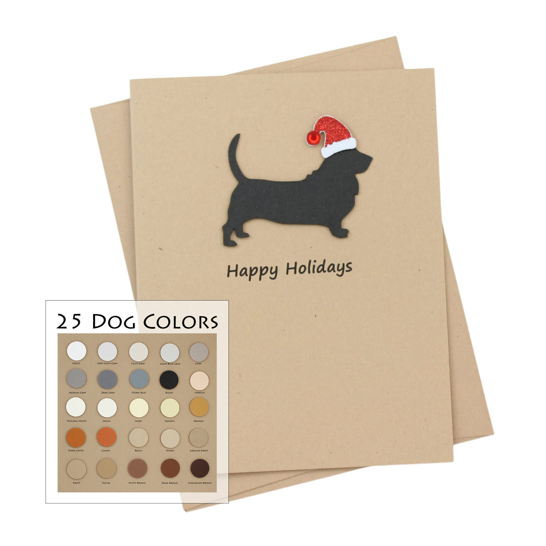 Basset Hound Christmas Card | Single or Pack of 10 | 25 Dog Colors | Choose Phrases | Santa Hat