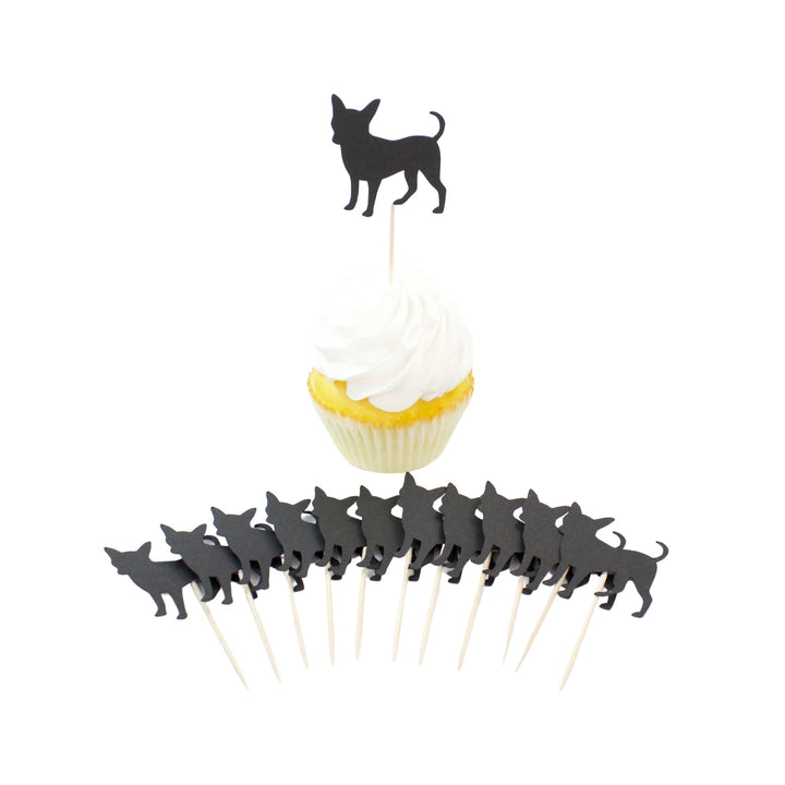 Smooth Coat Chihuahua Cupcake Toppers Set of 12 | Black Dog Party Decorations | Cake Topper Birthday Decor