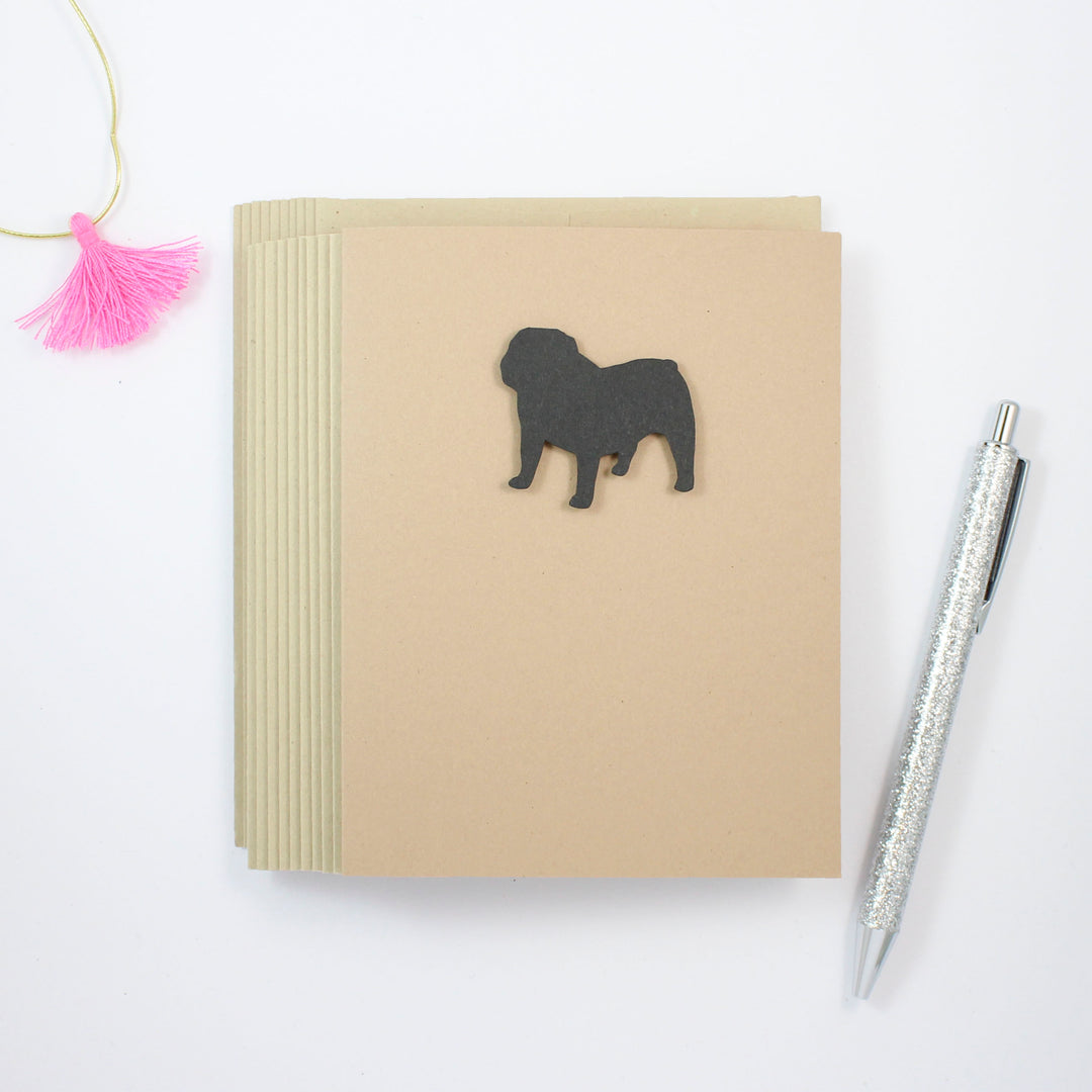 Bulldog Blank Greeting Card | Handmade Black Dog Blank Notecards | Single or 10 Pack | Kraft Brown - Embellish by Jackie