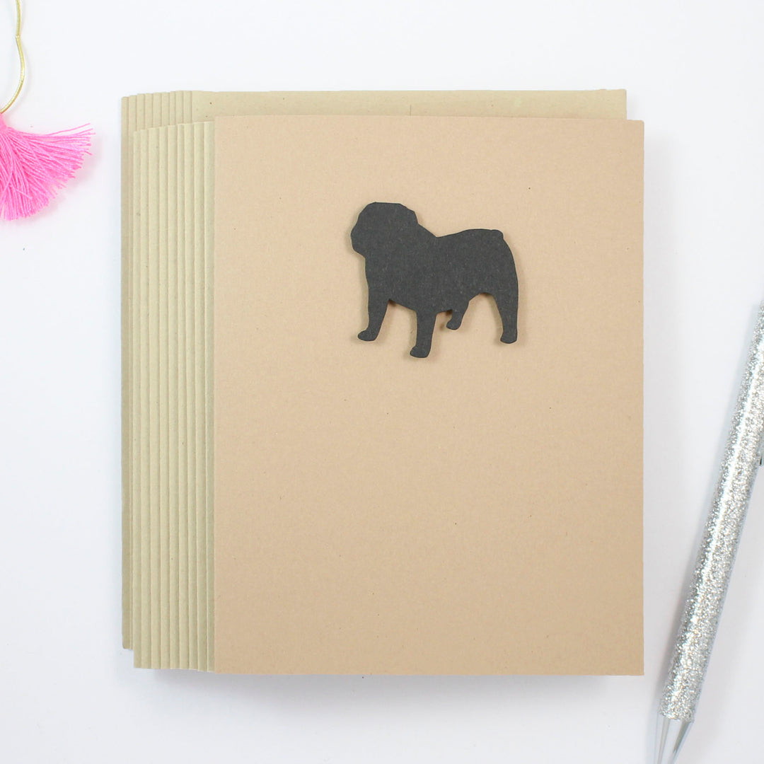 Bulldog Blank Greeting Card | Handmade Black Dog Blank Notecards | Single or 10 Pack | Kraft Brown - Embellish by Jackie