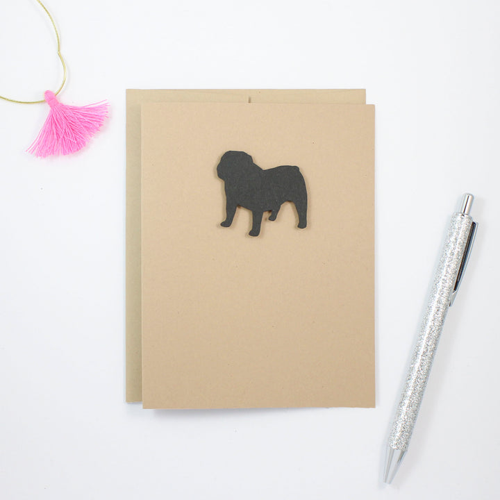 Bulldog Blank Greeting Card | Handmade Black Dog Blank Notecards | Single or 10 Pack | Kraft Brown - Embellish by Jackie