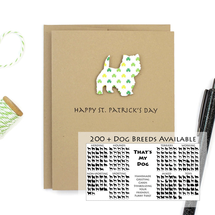 Dog St. Patrick's Day Notecard | 200+ Dog Breeds to Choose from | Single Card or 10 Pack | Colored Shamrock Pattern