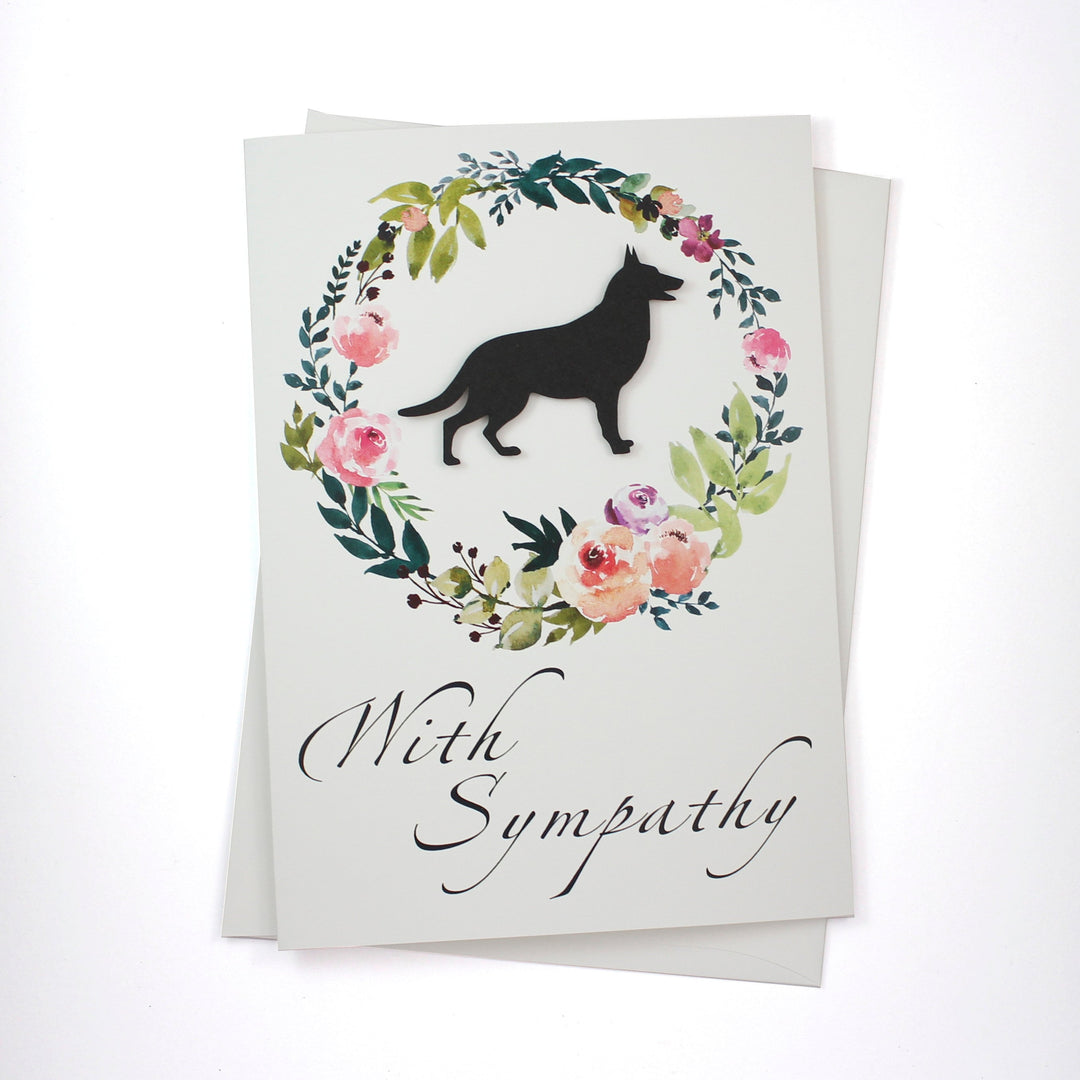 German Shepherd Floral Wreath Sympathy Card | GSD Black Dog Sympathy Greeting | Handmade 5x7 Pet Condolences Greeting Card | Kraft or White