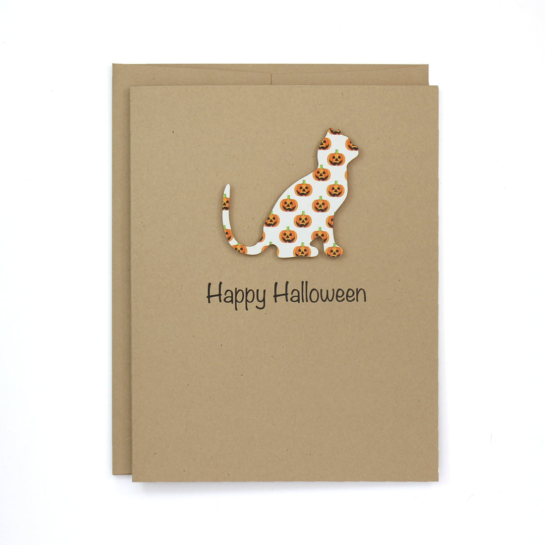 Cat Halloween Greeting Cards Pack of 10 | Pumpkin or Candy Corn Pattern | Handmade Kraft Brown or White Card Base | Blank Inside