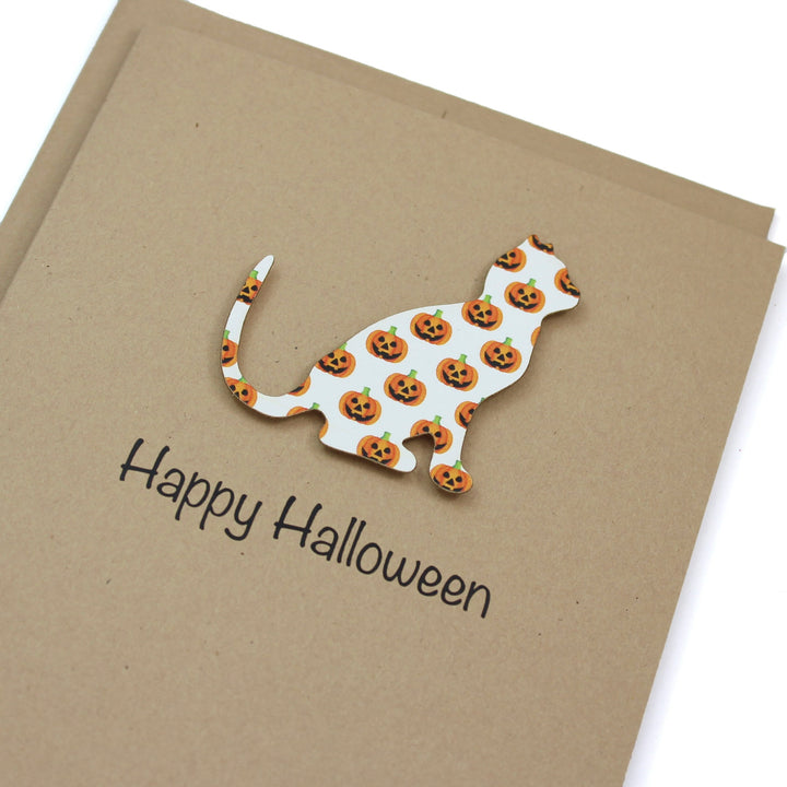 Cat Halloween Greeting Cards Pack of 10 | Pumpkin or Candy Corn Pattern | Handmade Kraft Brown or White Card Base | Blank Inside