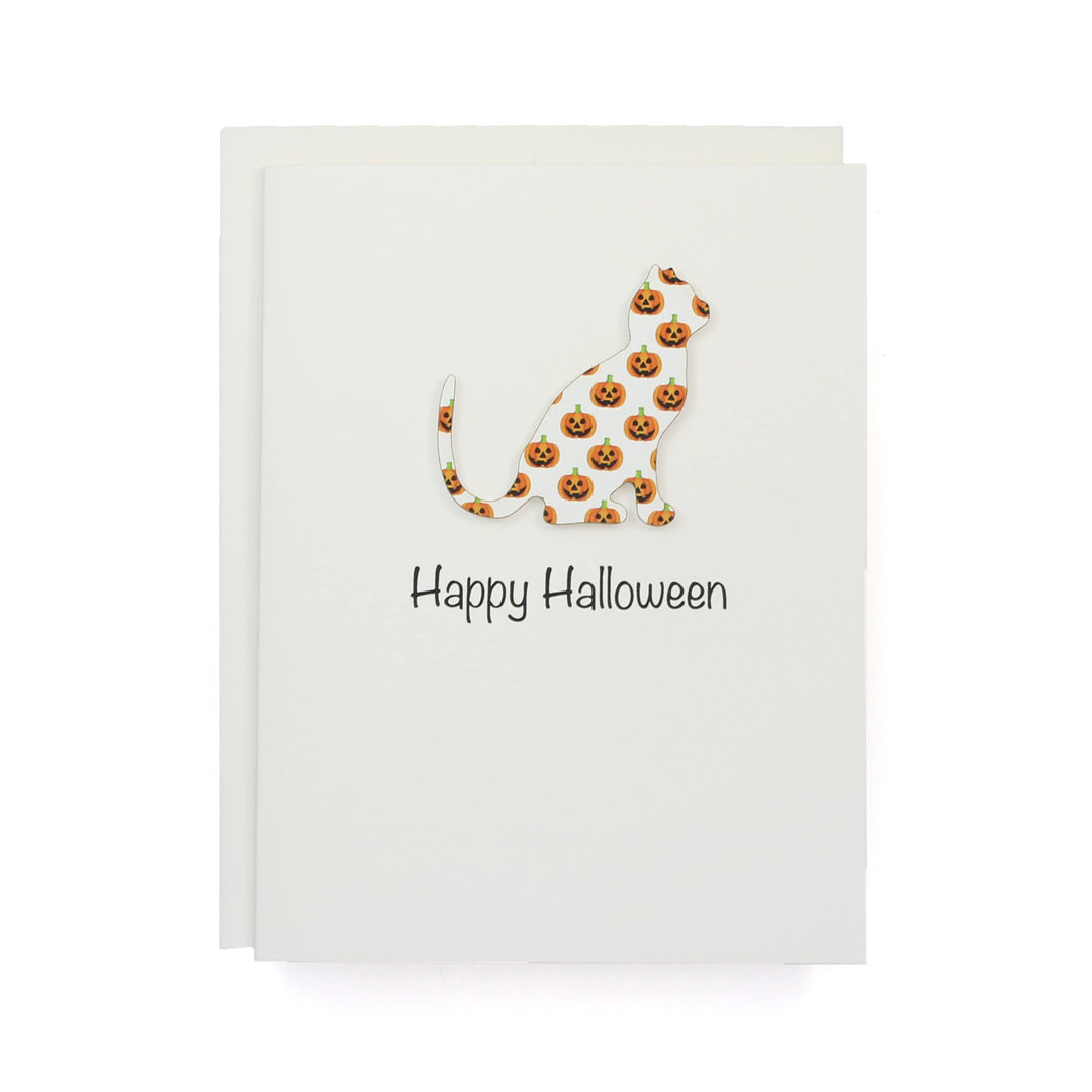 Cat Halloween Greeting Cards Pack of 10 | Pumpkin or Candy Corn Pattern | Handmade Kraft Brown or White Card Base | Blank Inside