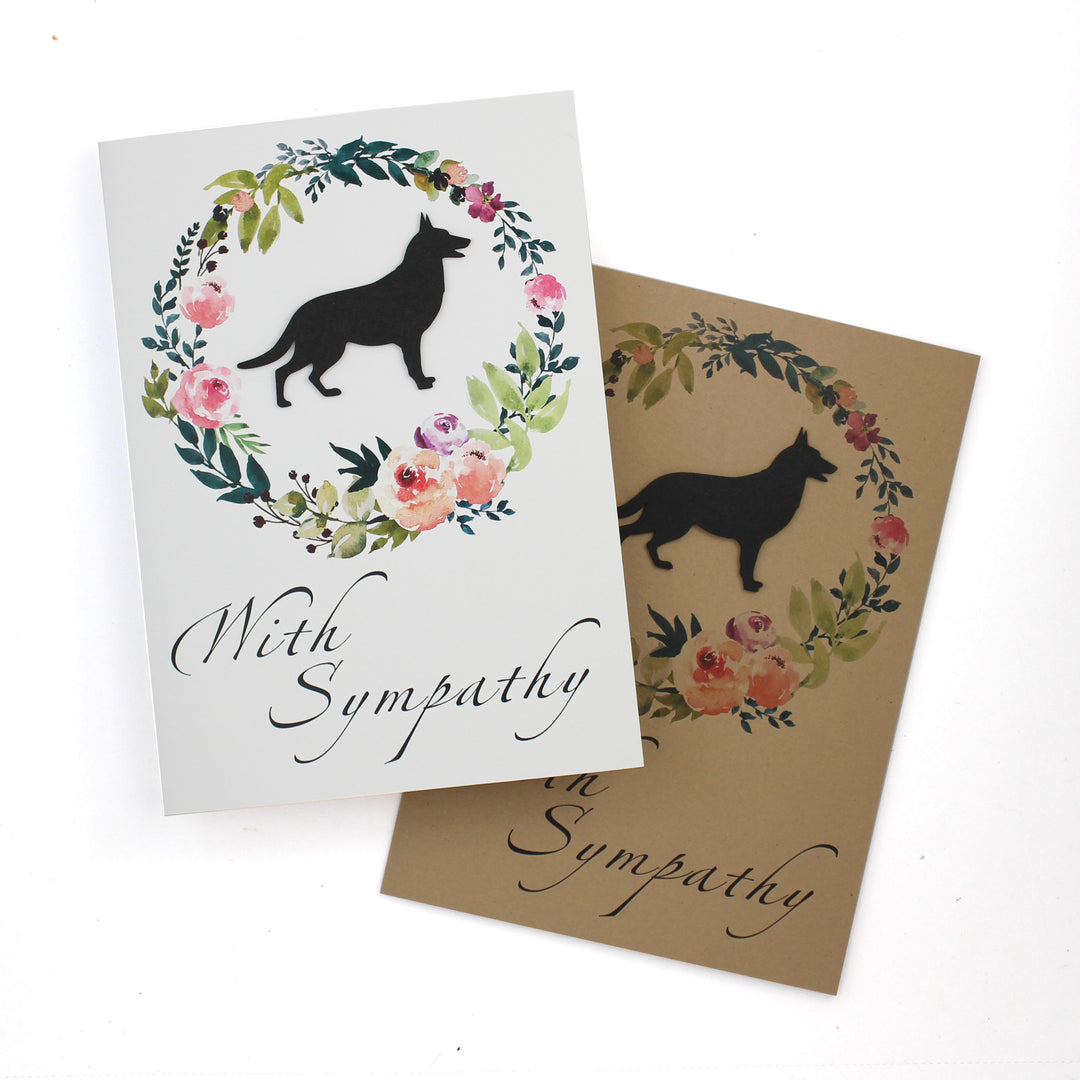 German Shepherd Floral Wreath Sympathy Card | GSD Black Dog Sympathy Greeting | Handmade 5x7 Pet Condolences Greeting Card | Kraft or White