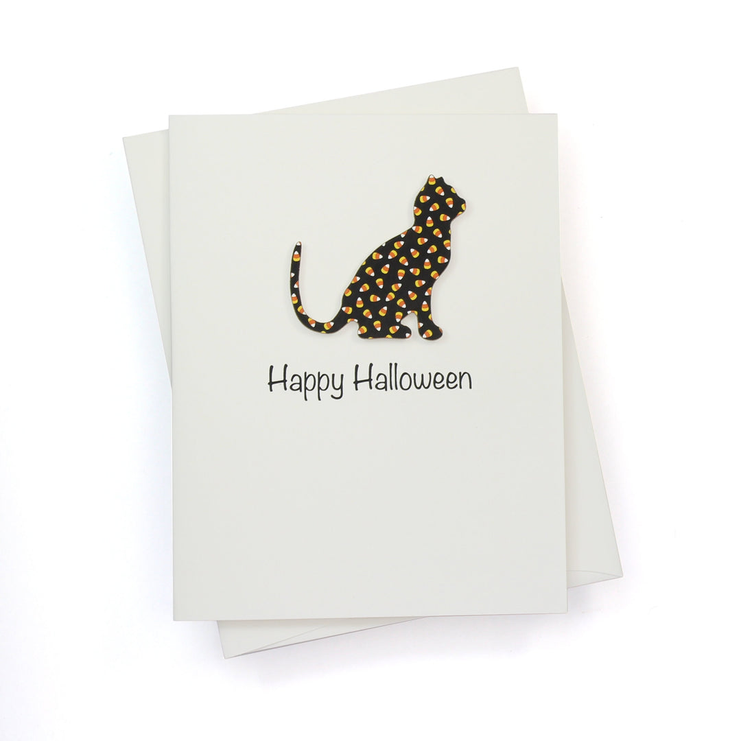 Cat Halloween Greeting Cards Pack of 10 | Pumpkin or Candy Corn Pattern | Handmade Kraft Brown or White Card Base | Blank Inside