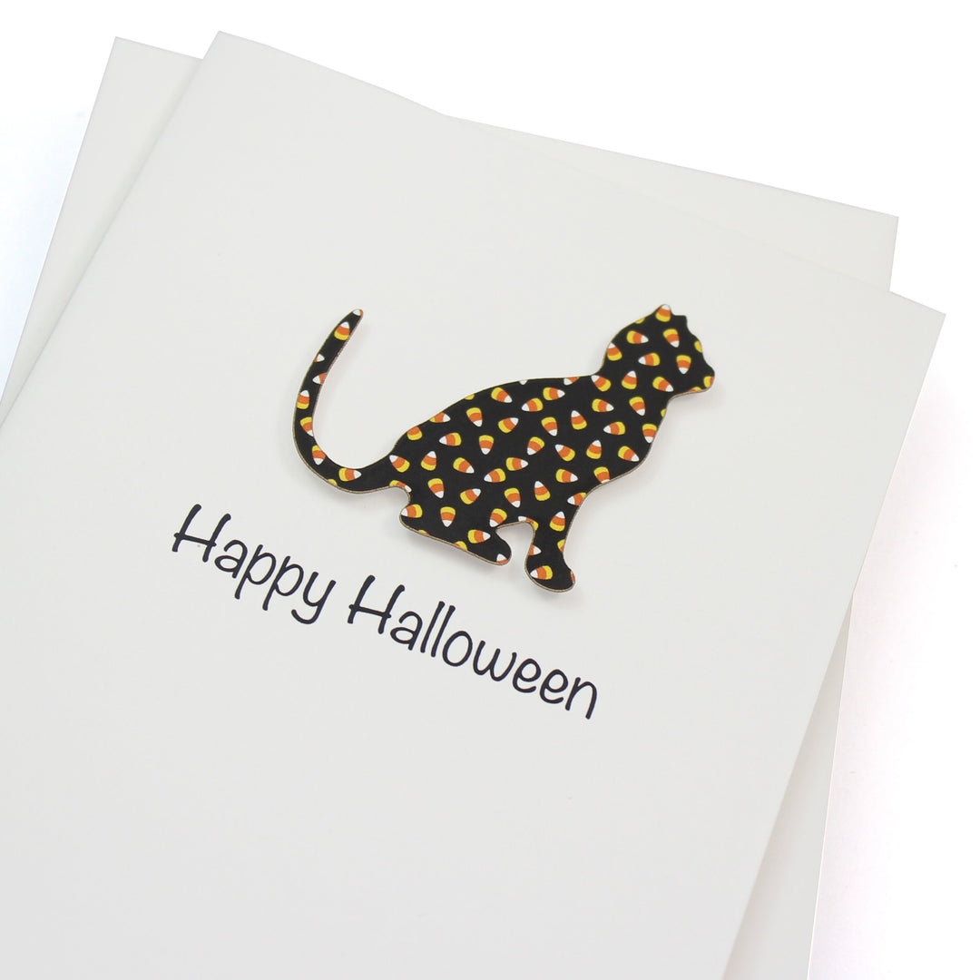 Cat Halloween Greeting Cards Pack of 10 | Pumpkin or Candy Corn Pattern | Handmade Kraft Brown or White Card Base | Blank Inside