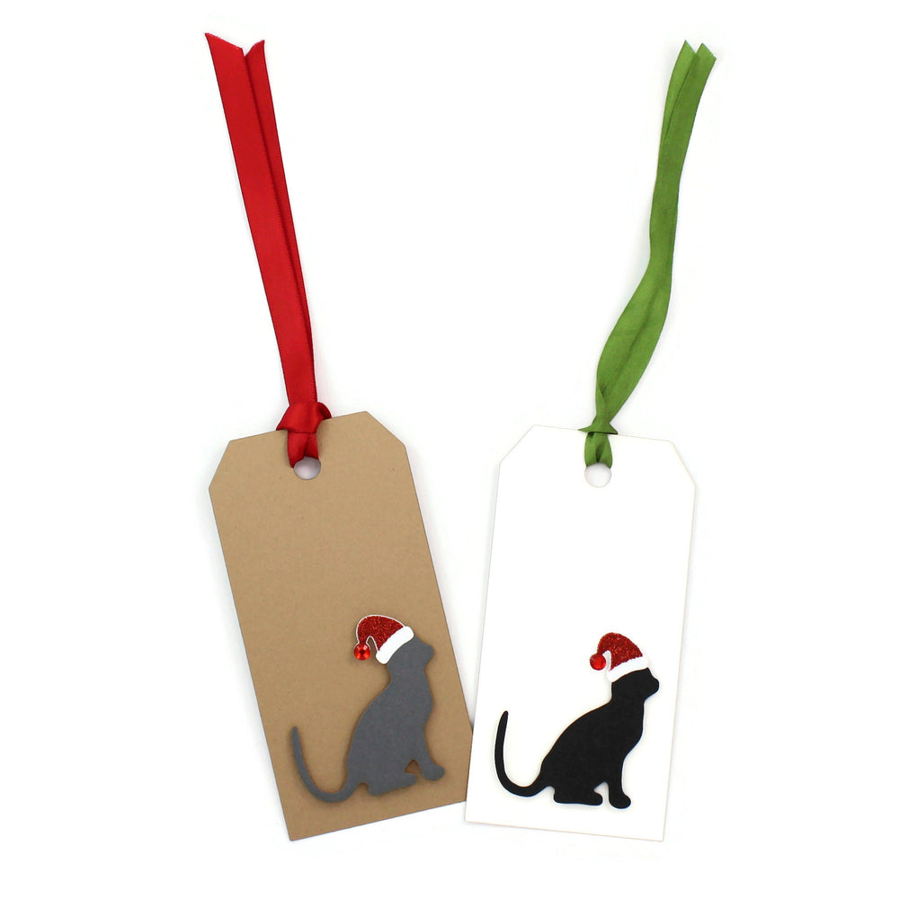 Cat Christmas Gift Tags | Handmade Pet Holiday Tags Pack of 6 | 25 Cat Colors | 6 Ribbon Twine Options | Cat with Santa Hat | White or Brown