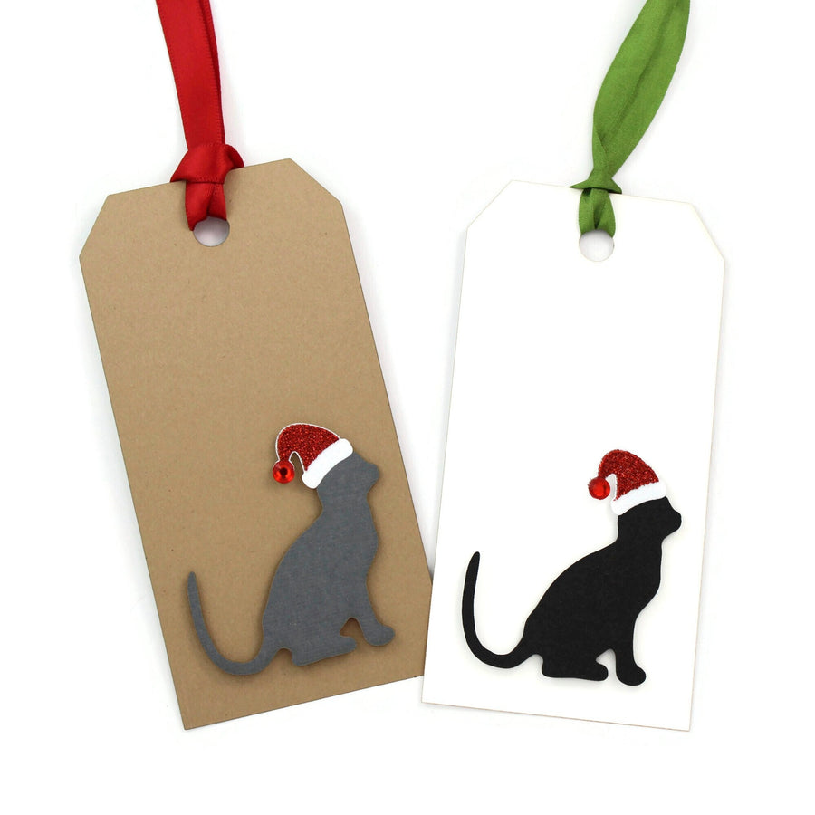 Cat Christmas Gift Tags | Handmade Pet Holiday Tags Pack of 6 | 25 Cat Colors | 6 Ribbon Twine Options | Cat with Santa Hat | White or Brown